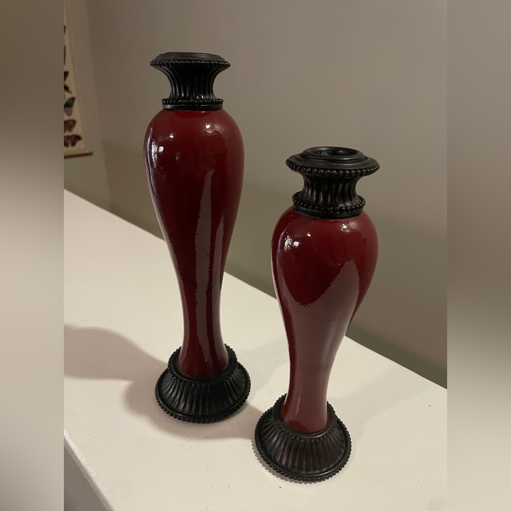 PartyLite Moroccan Spice Taper Candle Holders Ceramic 9 &” -  10.5” Pair Vintage